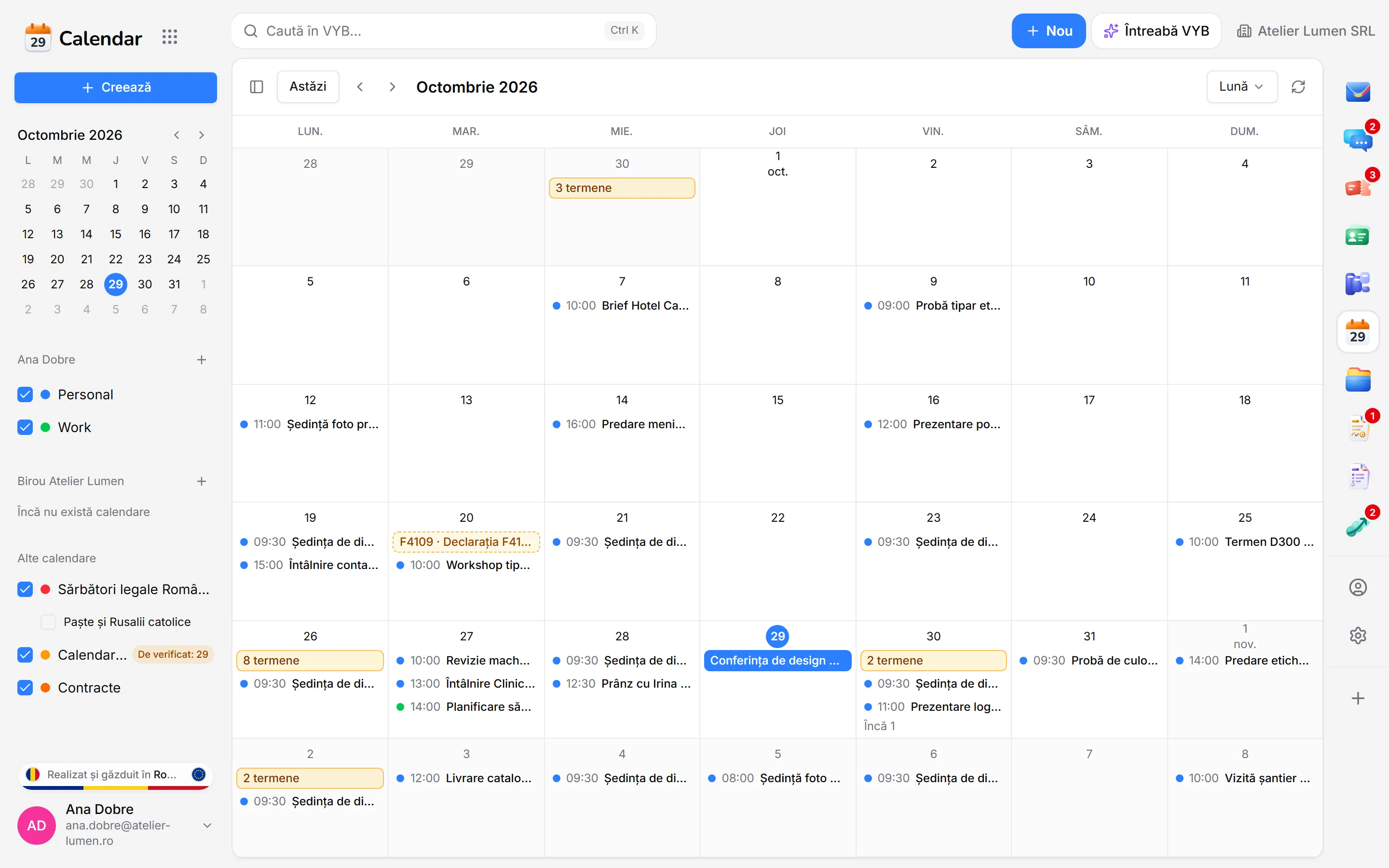 Calendarul VYB în vederea lunară pentru octombrie 2026: ședințe recurente, termene fiscale marcate cu galben și straturile Sărbători legale România, Calendar fiscal și Contracte în bara laterală.