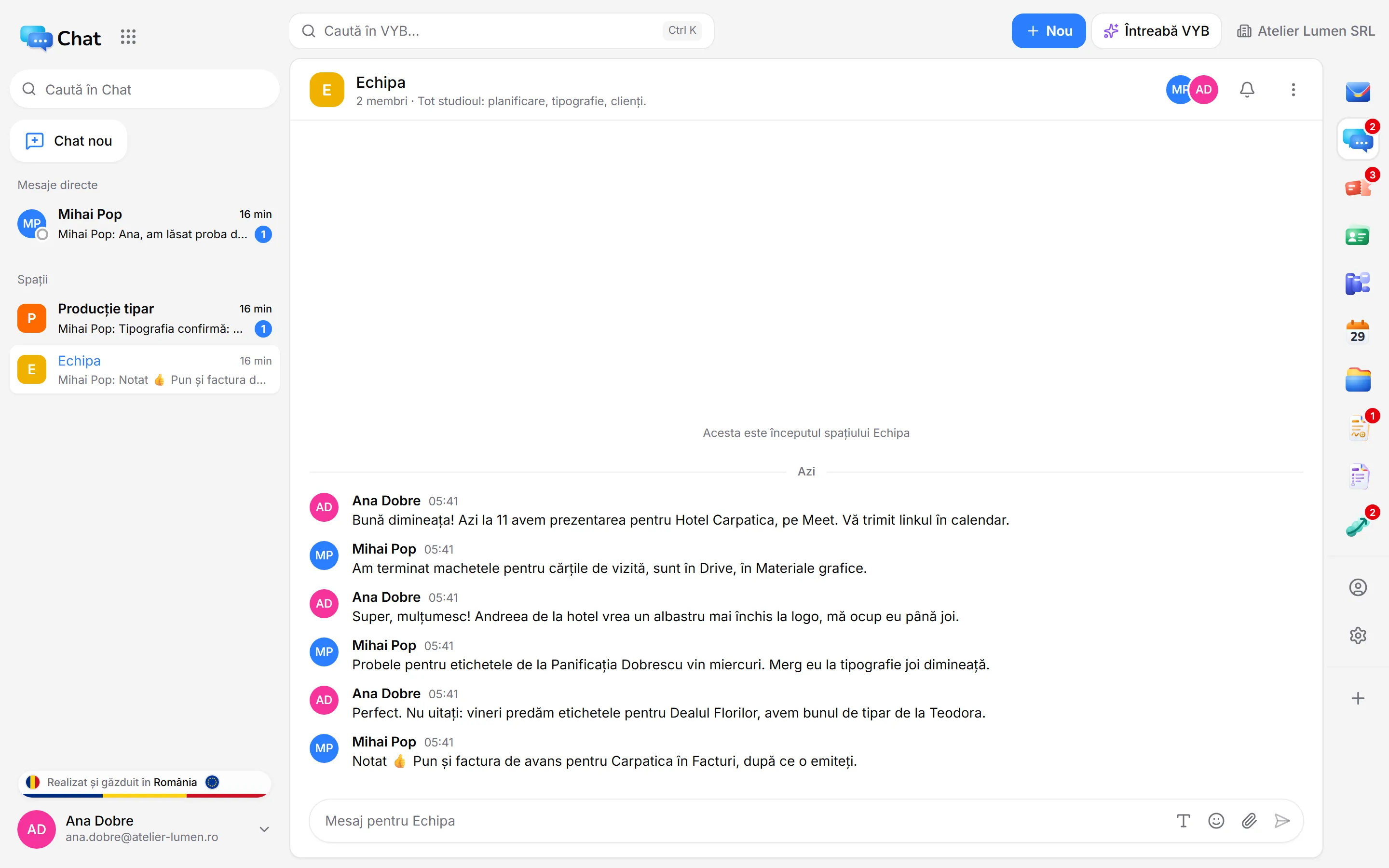 Aplicația Chat din VYB: lista de conversații cu Mesaje directe și Spații (Partners, marcat Extern, Comenzi și Team) și căutarea în Chat.