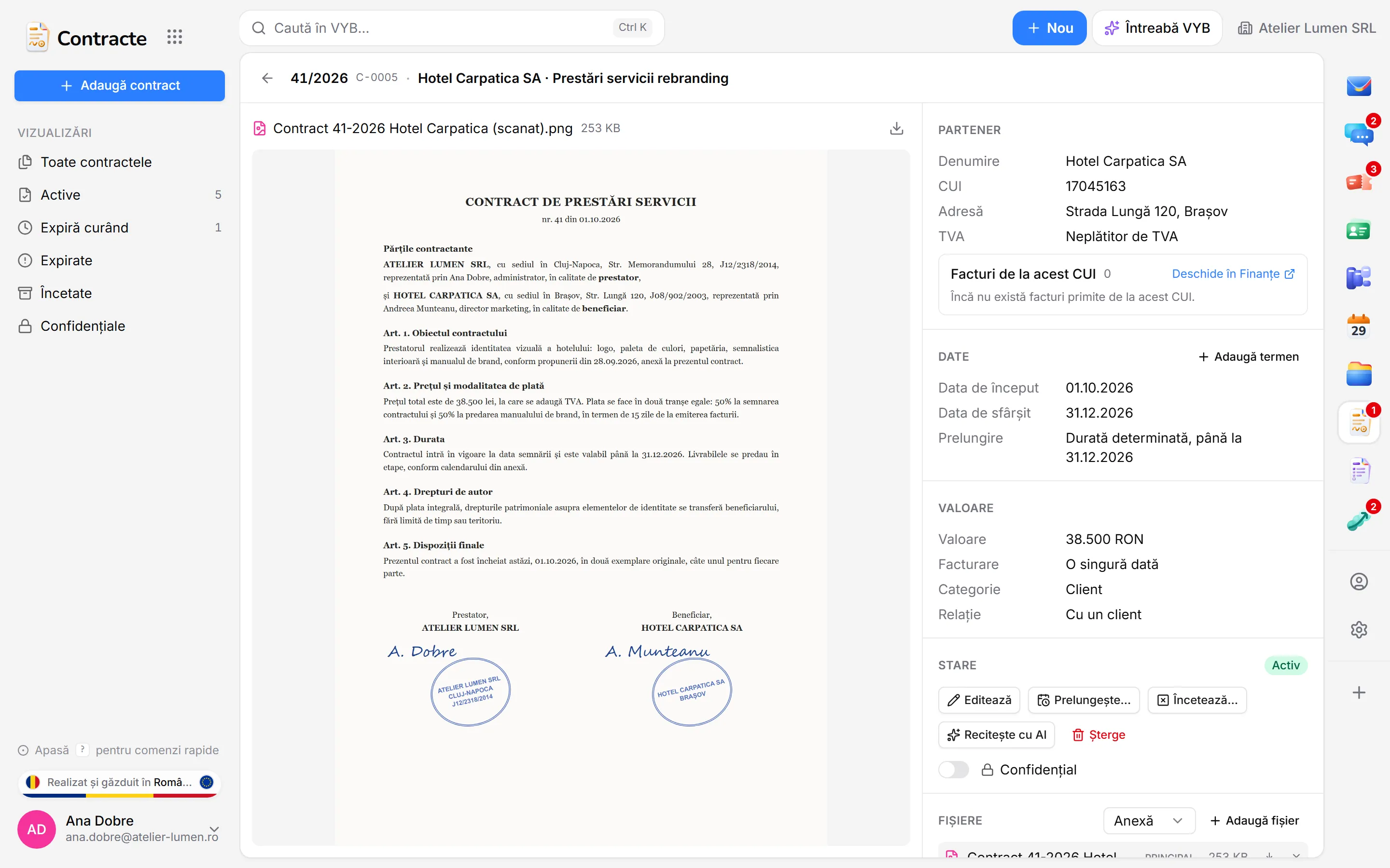 Pagina unui contract în VYB: documentul previzualizat, partenerul cu CUI-ul, datele, regula de prelungire și istoricul