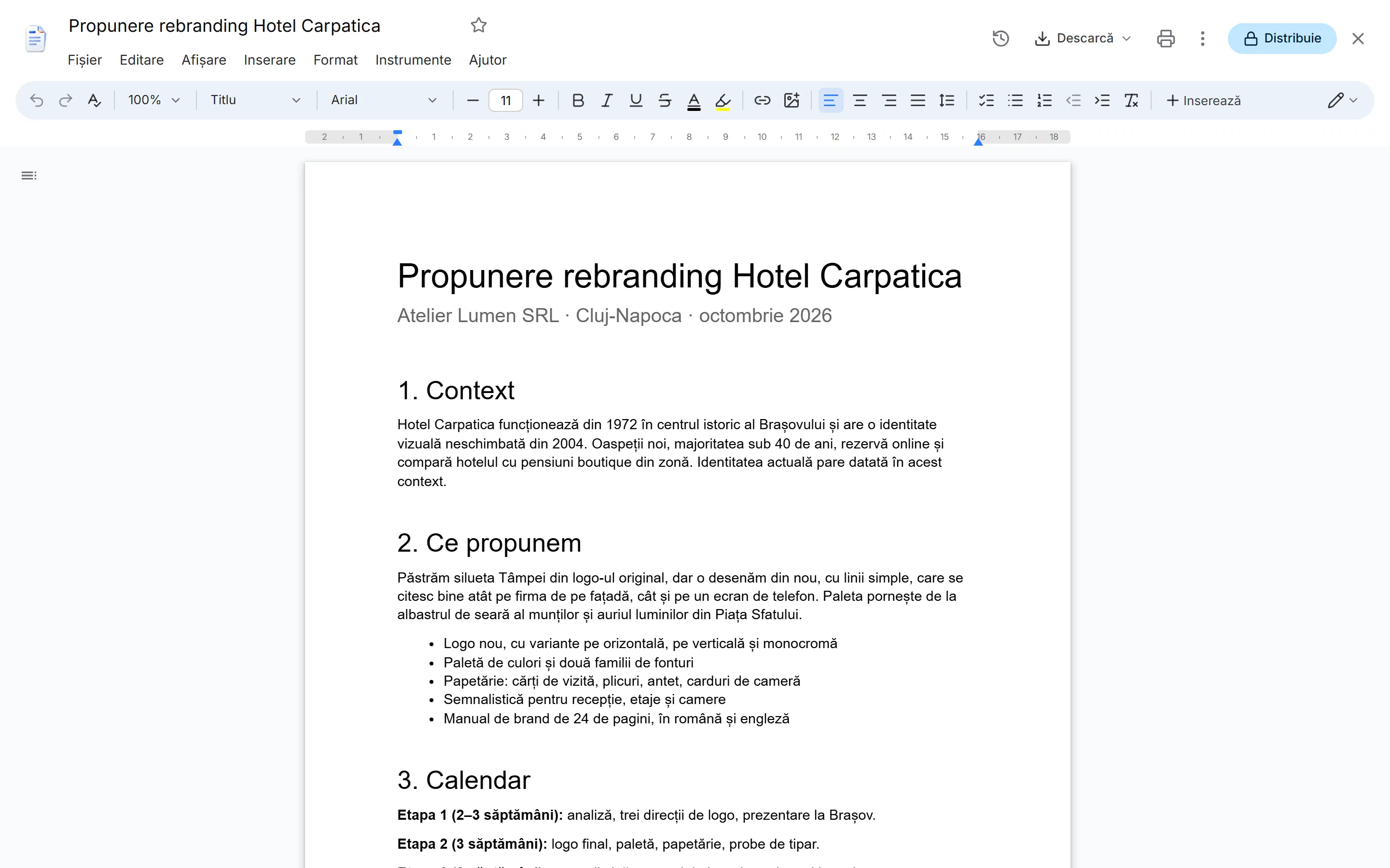 VYB Docs: documentul „Propunere rebranding Hotel Carpatica” deschis în editor, cu titlu, subtitlu și liste
