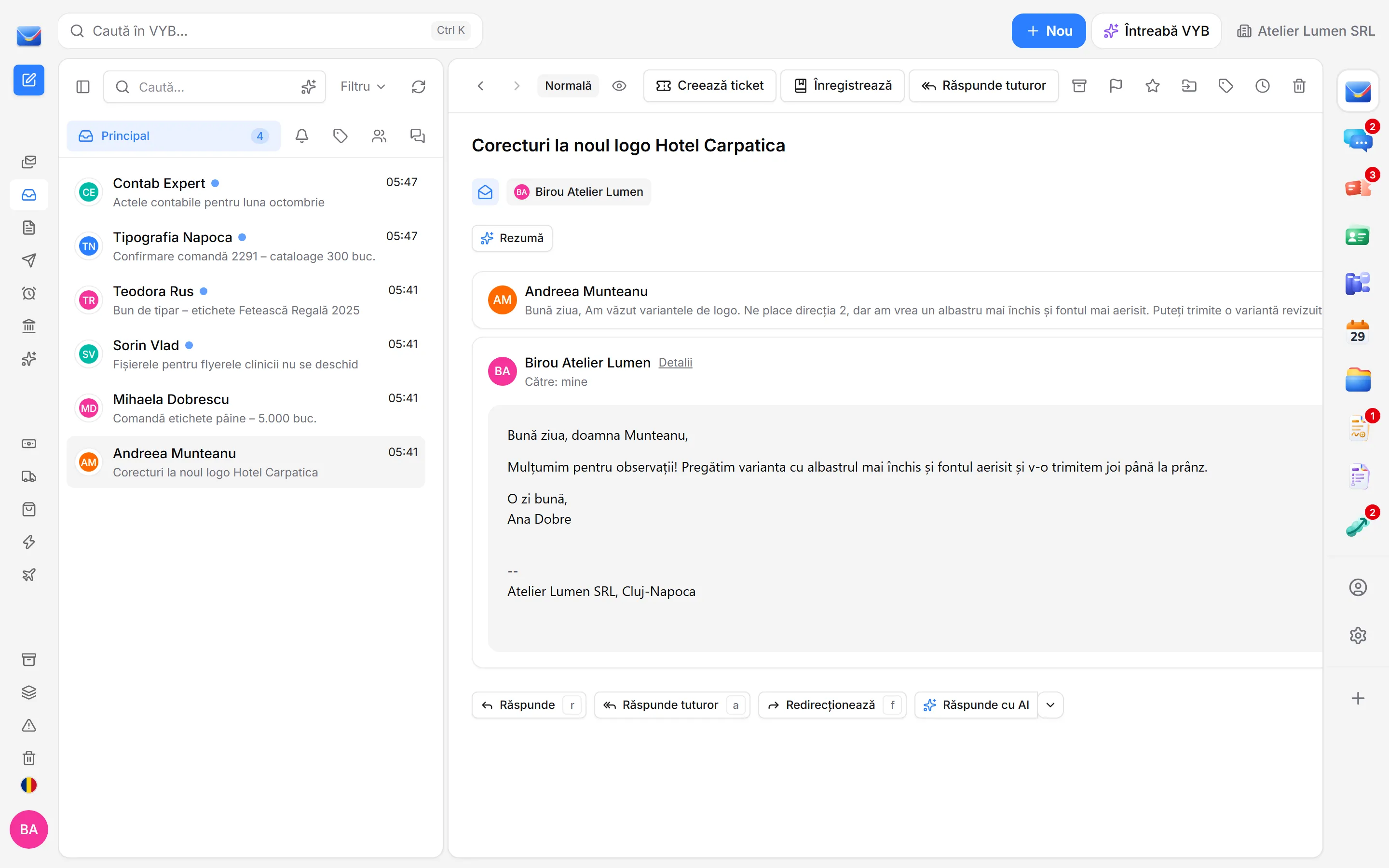 Un e-mail deschis în VYB, cu butoanele Rezumă, Creează ticket, Înregistrează, Răspunde, Redirecționează și Răspunde cu AI.